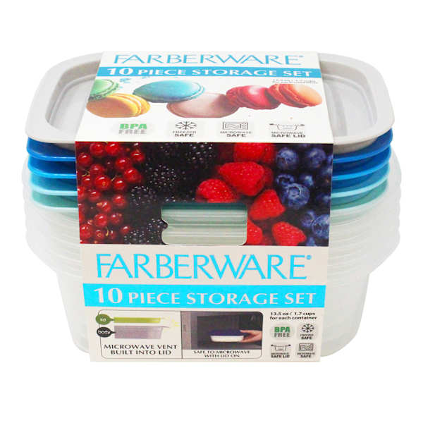 Farberware 10-Piece Aqua, Blue & Grey Storage Container Set, 13.5oz