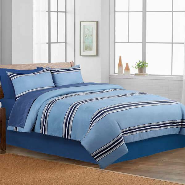 Smart Restart 6-Piece Blue Collegiate Striped Essential Comforter Set, Twin/Twin XL