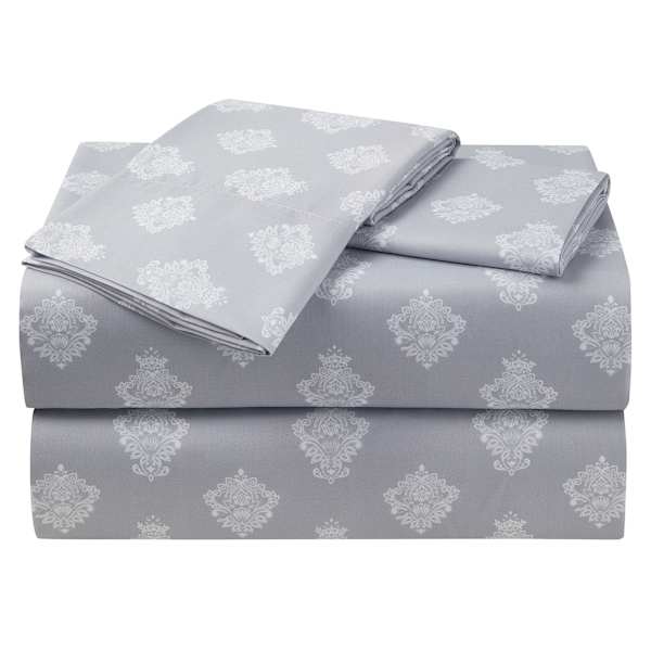 4-Piece Grey Damask Print Microfiber Essential Sheet Set, Full