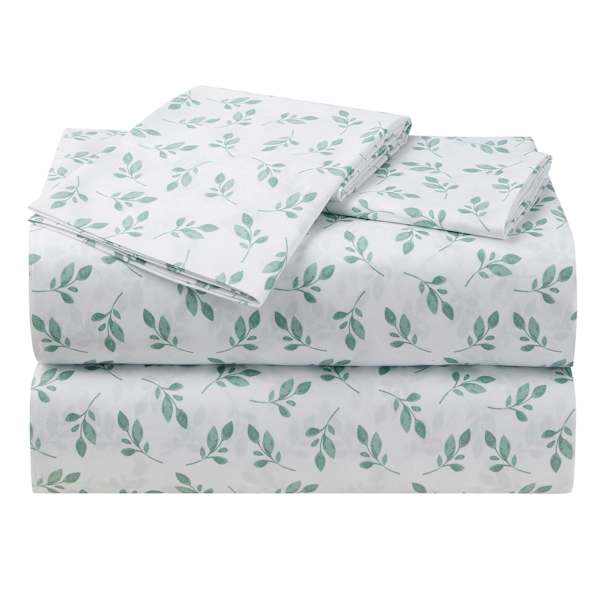 4-Piece White Eucalyptus Print Microfiber Essential Sheet Set, Full