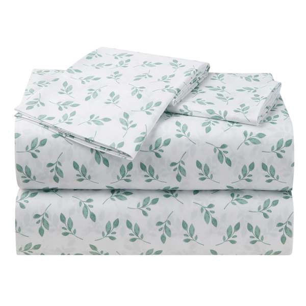 4-Piece White Eucalyptus Print Microfiber Essential Sheet Set, Queen