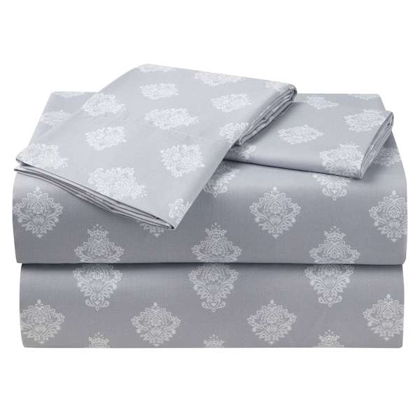 3-Piece Grey Damask Print Microfiber Essential Sheet Set, Twin