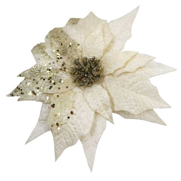 White Poinsettia Clip Ornament, 9"