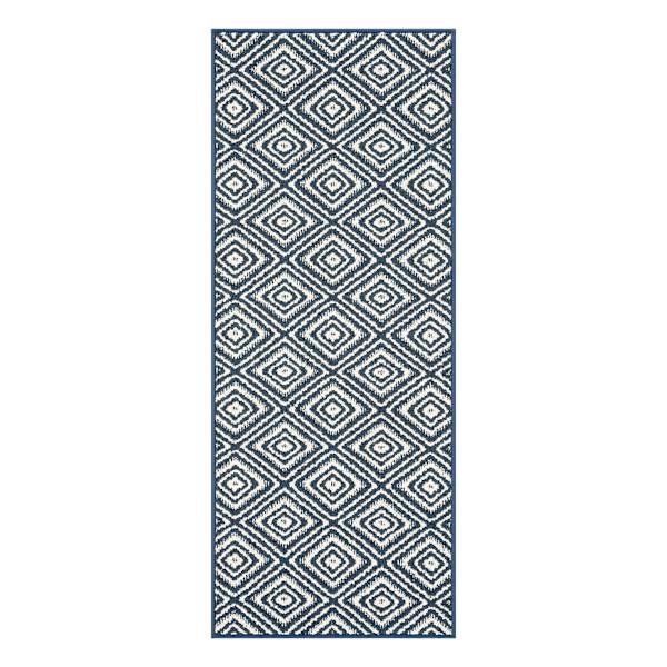 Tristen Navy Blue & Cream Diamond Design Washable Runner, 2x5