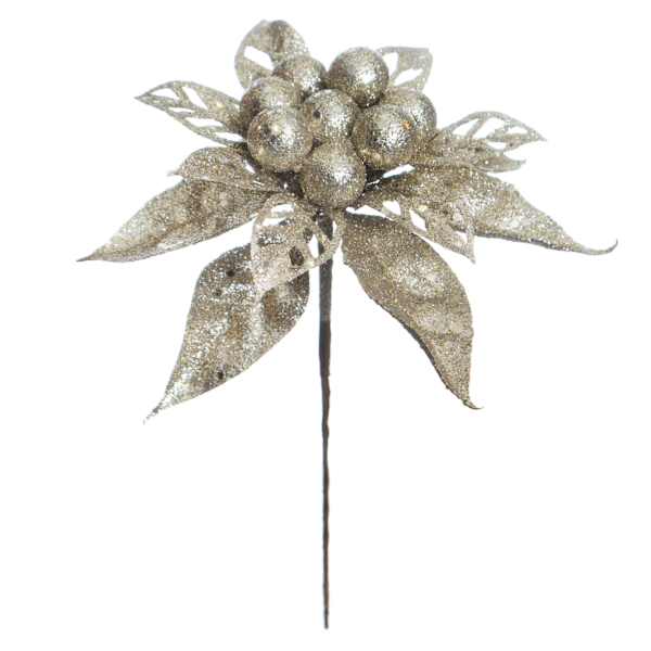 Champagne Glitter Poinsettia Pick, 9"