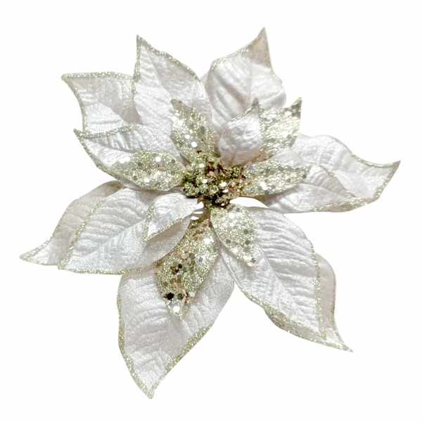 Metallic White & Gold Poinsettia Clip, 9.5"