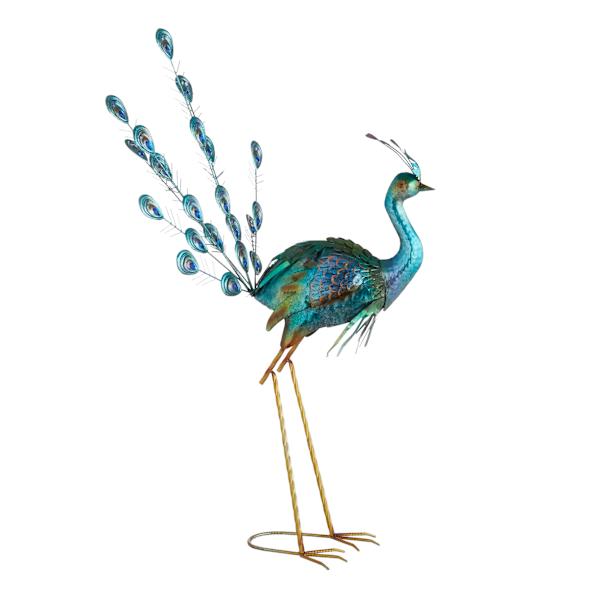 Peacock with Acrylic Jeweled Tail Outdoor Garden Statue, 38.5"