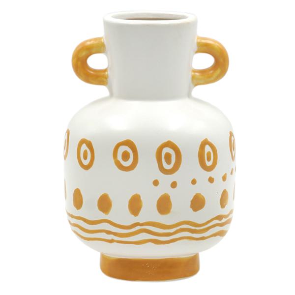 Yellow & White Ceramic Vase with Handles, 9"