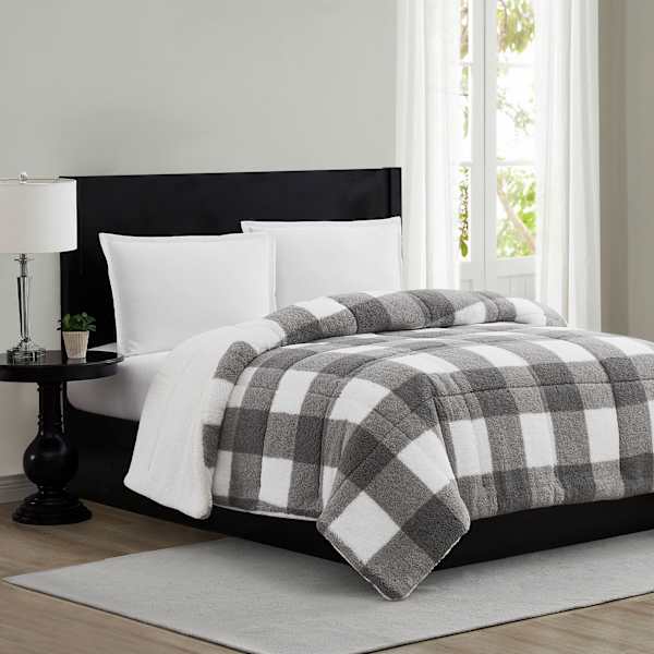 Grey Buffalo Plaid Sherpa Comforter King