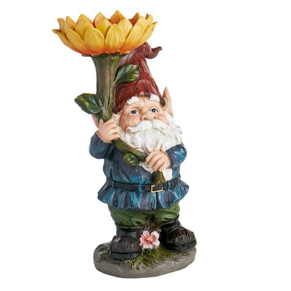 Gnome Holding Sunflower Outdoor Garden Statue, 19"