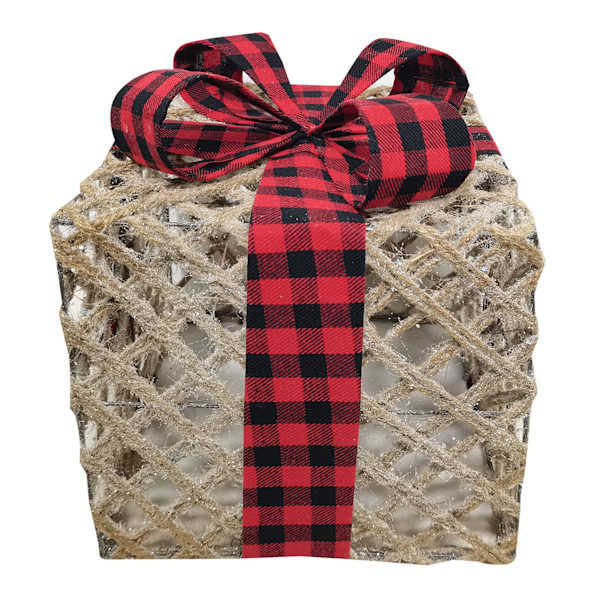 Homespun Holiday Neutral Gift Box with Red Buffalo Plaid Bow, 8"