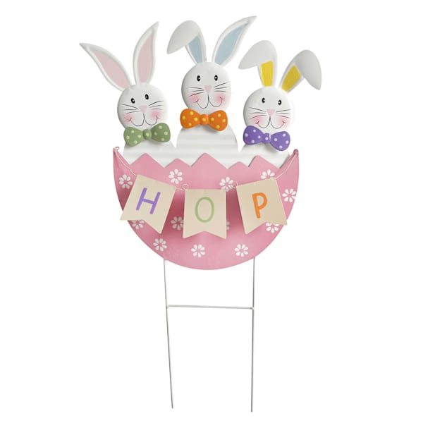 Homespun Easter Bunny Trio in Egg Yard Stake, 29"