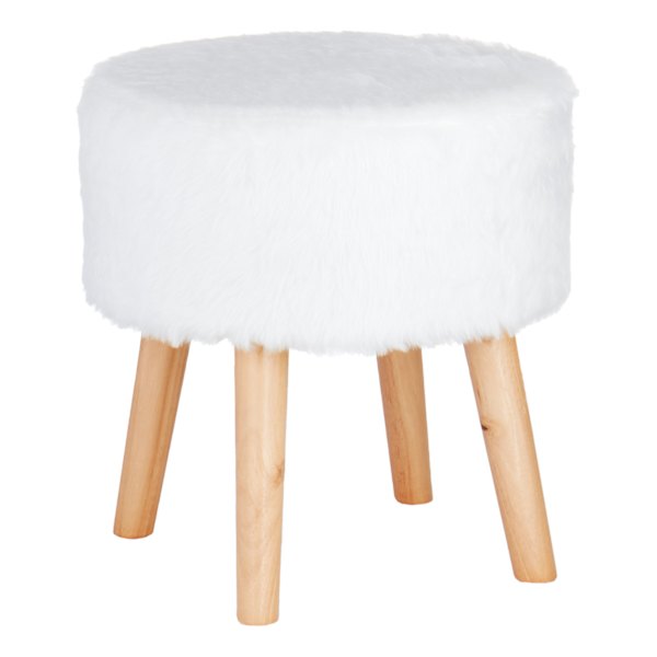 Emmy Stool with Wooden Legs, White Faux Fur