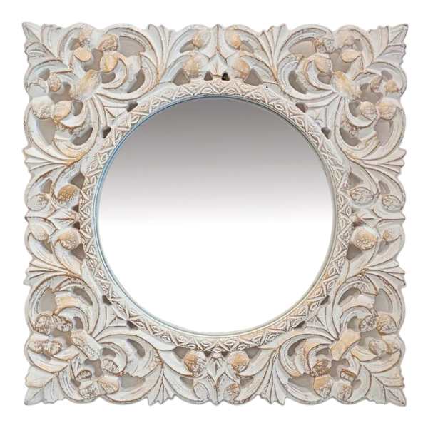 White & Gold Square Carved Wall Mirror, 14"