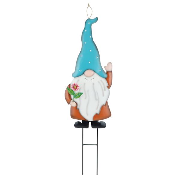 Gnome with Blue Hat Metal Yard Stake, 31"