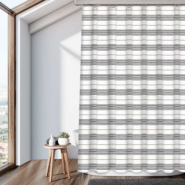 13-Piece Black Stripe Print Shower Curtain Set, 70x72