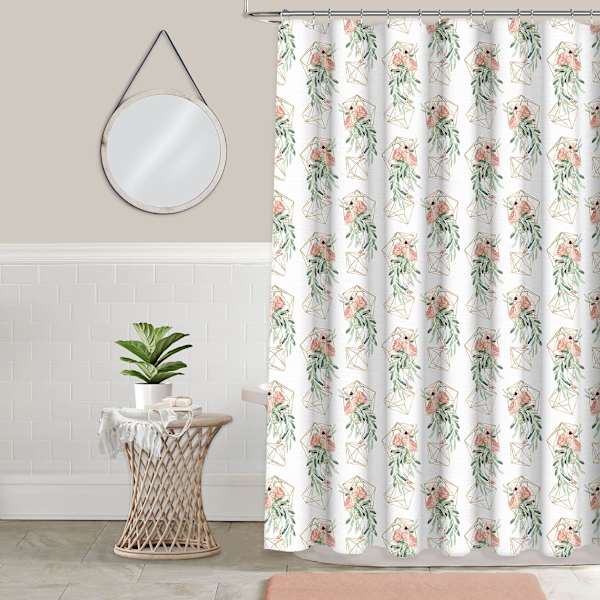 13-Piece Pink Geometric Floral Shower Curtain Set, 70x72