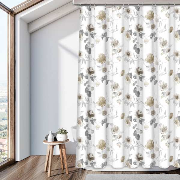 13-Piece Grey Blooming Print Shower Curtain Set, 72"