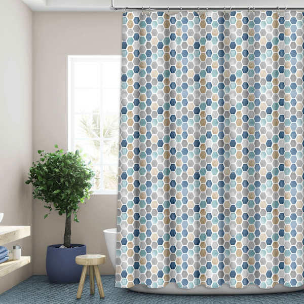13-Piece Blue Pebble Print Shower Curtain Set, 72"