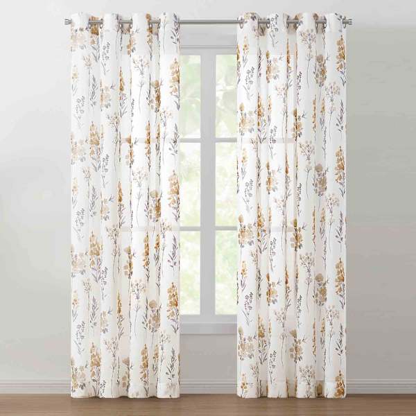 Bellflower Gold Floral Sheer Curtain Panel, 84"