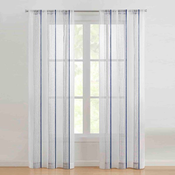 Leah Blue & White Woven Sheer Rod Pocket Curtain Panel, 84"