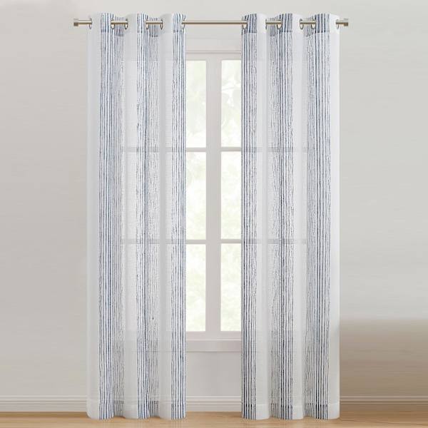 Honeybloom Georgetown Blue & White Grommet Printed Striped Sheer Curtain Panel, 84"