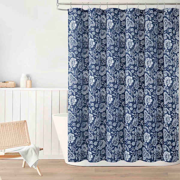 13-Piece Navy Suma Floral Shower Curtain Set, 72"
