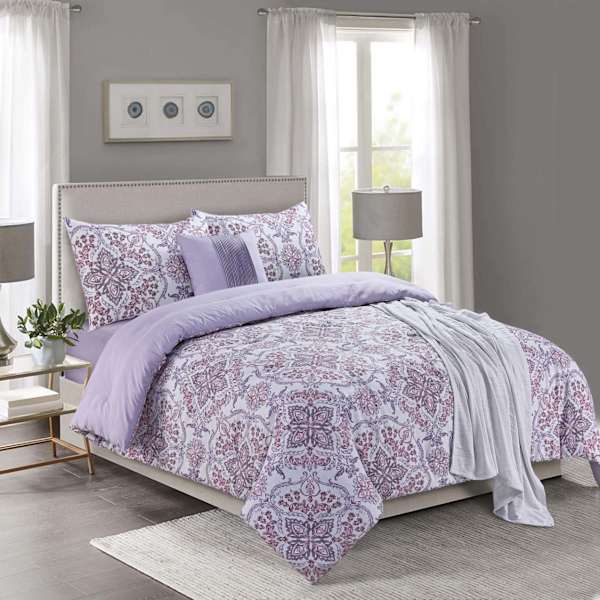 5-Piece Pink & Purple Distressed Medallion Print Comforter Set, King