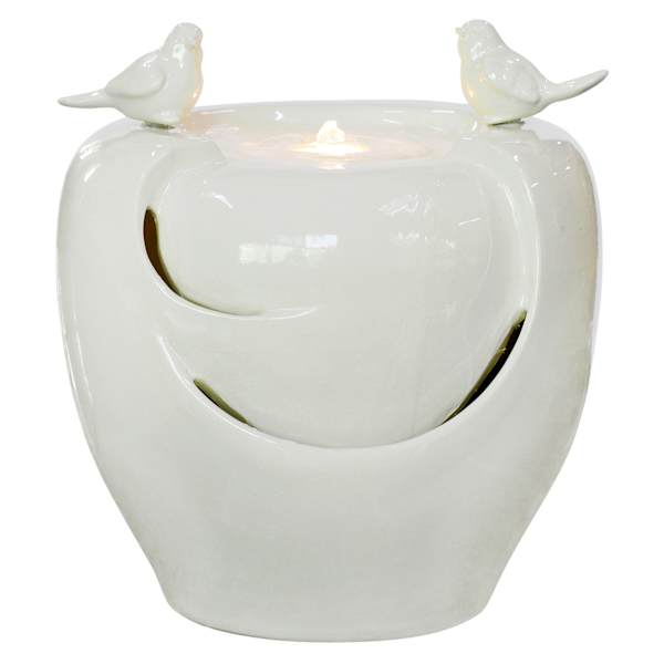 Honeybloom Pre-Lit White Ceramic Bird Outdoor Fountain, 15"
