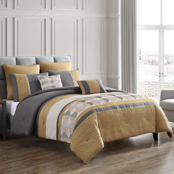 7-Piece Davin Yellow & Grey Comforter Set, Full/Queen