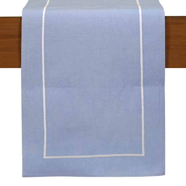 Blue Chambray Table Runner with White Embroidered Border, 72"