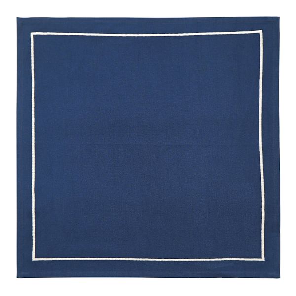 Set of 4 Navy Blue Cloth Napkins with White Embroidered Border