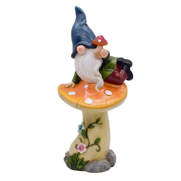 Gnome Sitting on Mushroom Outdoor Garden Statue, 13"