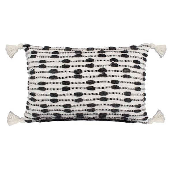 Found & Fable Black & White Textured with Tassels Lumbar Outdoor Throw Pillow, 14x20