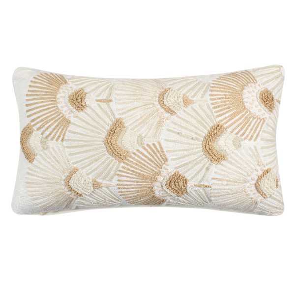 Found & Fable Natural & White Fan Embroidered Lumbar Outdoor Throw Pillow, 12x22