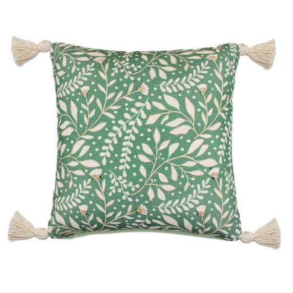 Honeybloom Green & White Embroidered Floral Outdoor Throw Pillow with Tassels, 18"