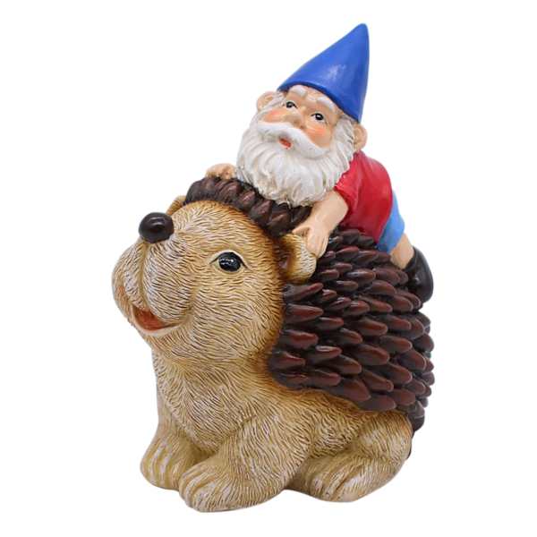 Gnome on Hedgehog Outdoor Garden Statue, 6"