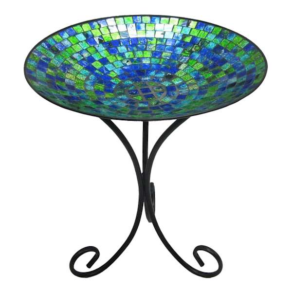 Blue & Green Mosaic Tile Glass Outdoor Birdbath with Folding Metal Stand, 21"