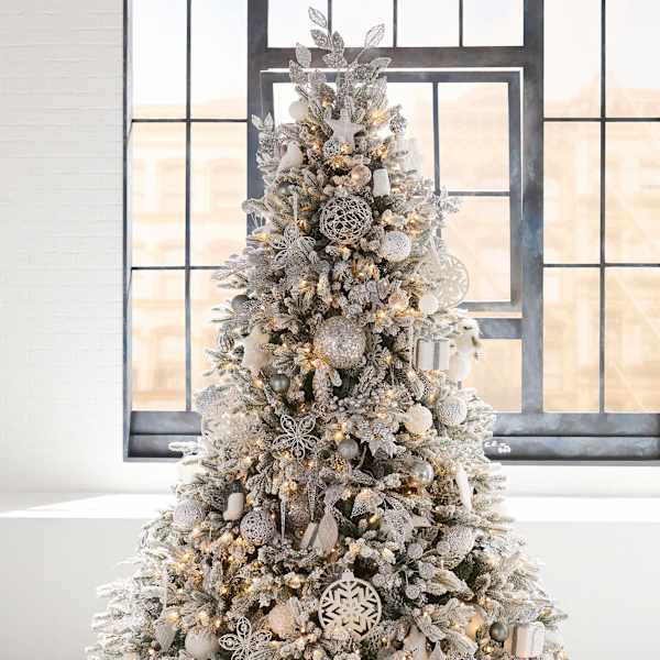 B13 Pre Lit LED Flocked Rockefeller Spruce Christmas Tree 7.5