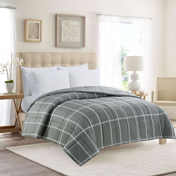 Grey Grid Print Reversible Brushed Microfiber Comforter, Twin/Twin XL