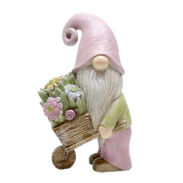 Gnome Flower Pushing Cart Outdoor Garden Statue, 17"