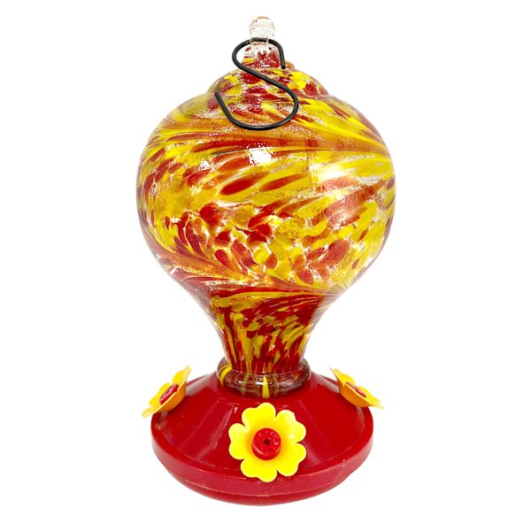 Red & Yellow Swirl Glass Hummingbird Bird Feeder, 9"