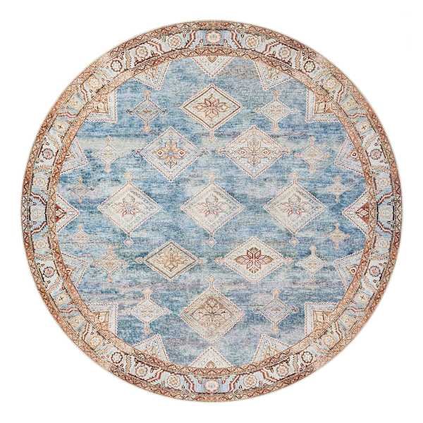 (D569) Freya Blue Multicolor Medallion Washable Round Rug, 6'