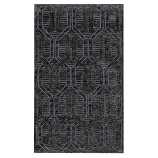 (B867) Crosby St. Kilim Charcoal Geo Matrix Washable Accent Rug, 3x5