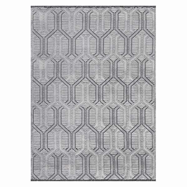 (B868) Crosby St. Kilim Grey Geo Matrix Washable Area Rug, 5x7