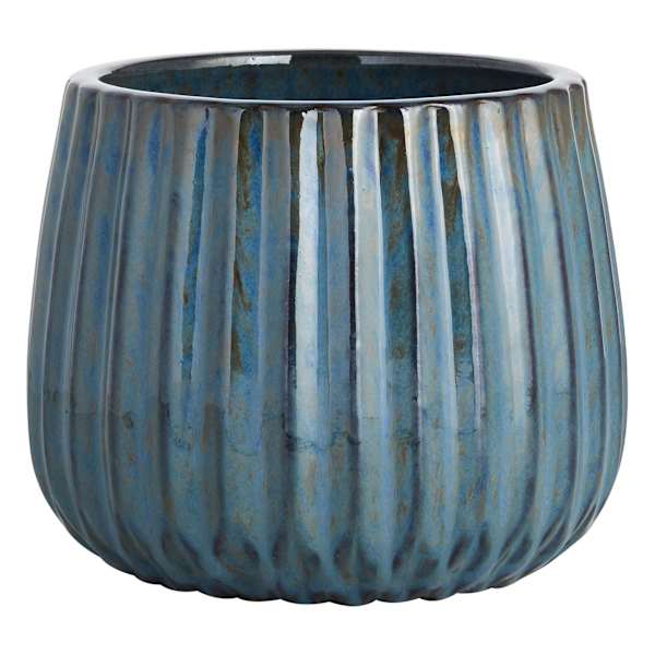 Blue Ribbed Round Outdoor Clay Planter, Medium