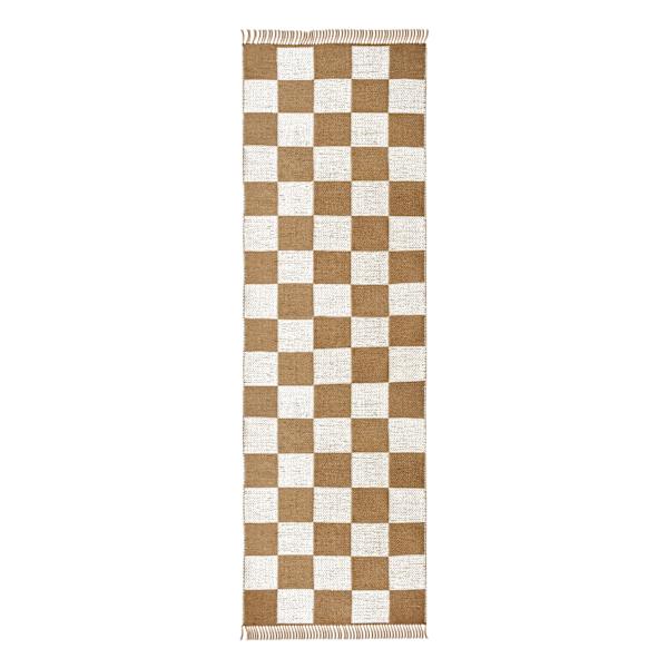 (B871) Honeybloom Brown & Natural Checkered Jute Runner, 2x7