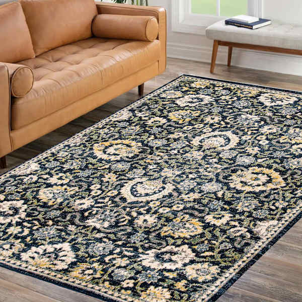 (A519) Olivia Navy Floral Area Rug, 8x10