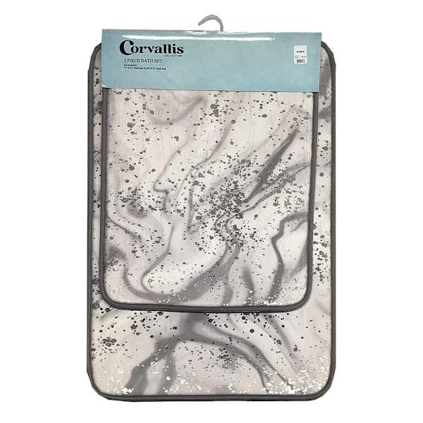 2-Piece Grey Marbled Print Bath Rug Set, 17x24/20x32