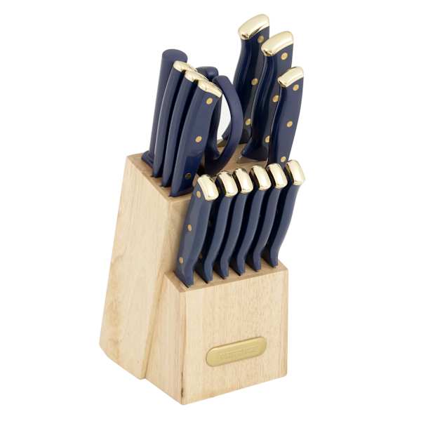 Farberware 15-Piece Navy and Gold Handle Triple Riveted Knife Block Set